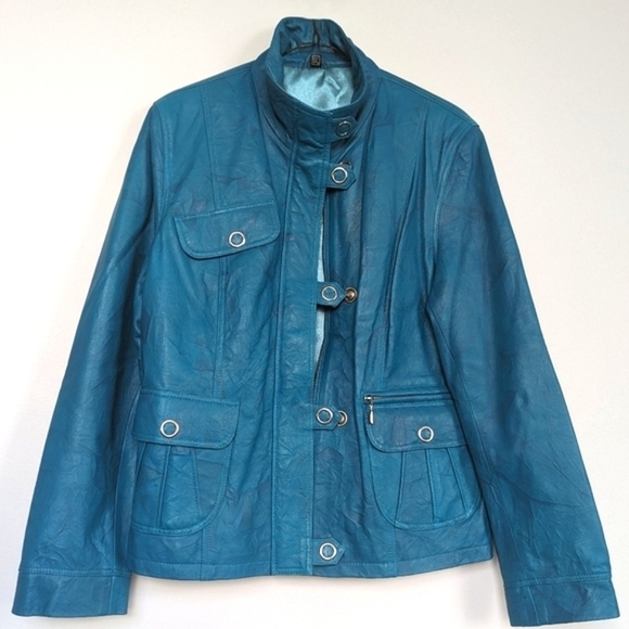 3XL Brand Genuine Leather Jacket Zip Front Snaps Teal (Branded 3XL = US M) - Picture 1 of 16